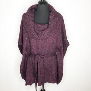 WHBM maroon metallic marled cowl neck belted poncho style sweater size Large